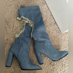 DENIM HEELED BOOTS RHINESTONES HEART CUT OUT DOLLS KILL SZ 8 1/2 WOMEN